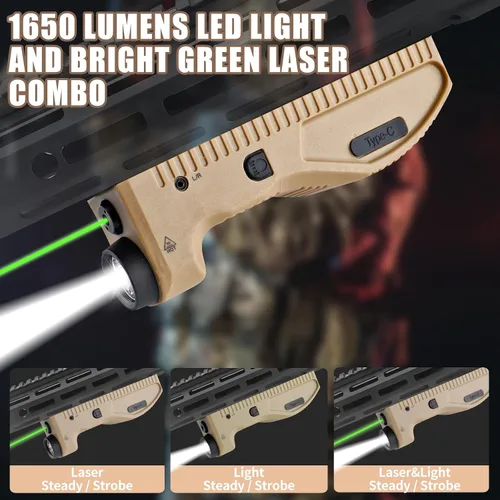 Vista 2 de Linterna táctica ZBULAR de 1650 lúmenes, equipada con láser verde y luces LED blancas, recargable por USB-C, función estroboscópica, salida