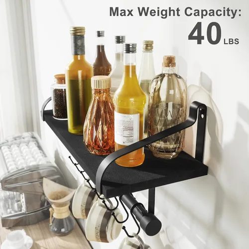 Vista 6 de Love-KANKEI Estantería flotante de pared de madera rústica para almacenamiento, estante de especias de cocina con barra para toallas y 8 ganchos