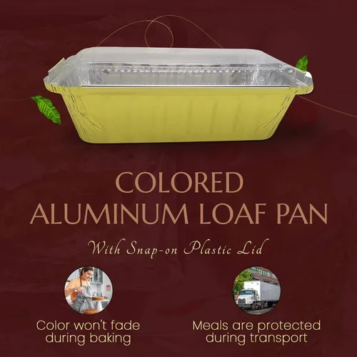 Vista 2 de KitchenDance - Molde para pan desechable de aluminio con tapas de plástico, 2 libras, color dorado, 1850P