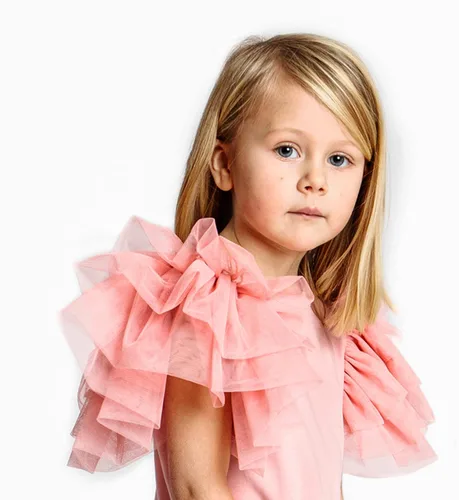 Vista 4 de Vestido de niña para bebé, con enormes capas de mangas de tul con alas - Traje de fiesta perfecto, vestidos para ocasiones especiales para niñas