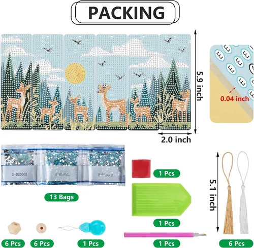 Vista 2 de SWATOM 6 PCS marcapáginas de rompecabezas 5D de pintura de diamantes con ciervos en el bosque, marcapáginas de arte de diamantes acrílicos con kits