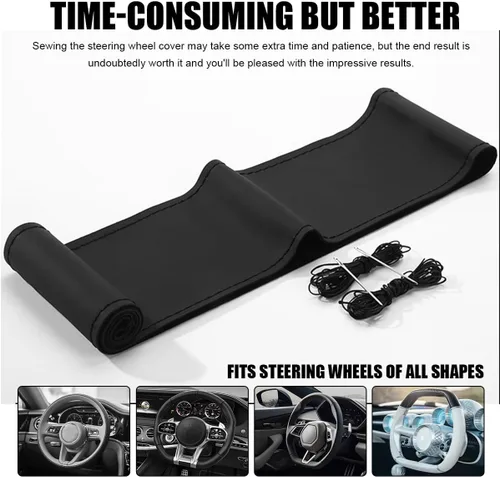 Vista 5 de Funda de Volante de Cuero Genuino, Envoltura con Costura para Volante de hasta Diámetro 15 Pulgadas, Protector de Volante de Costura DIY, Accesorios