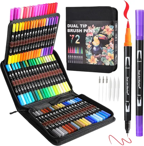 Vista 11 de TOSHARE Marcadores de acuarela de 36 colores y punta fina de doble punta para libros de colorear para adultos, bolígrafos de pintura sin sangrado