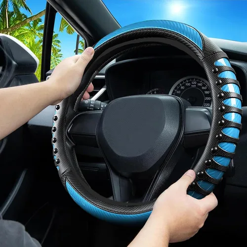 Vista 3 de Funda de cuero para volante de automóvil, material Panapi, universal de 14.5-15 pulgadas, antideslizante, transpirable, fundas para volante