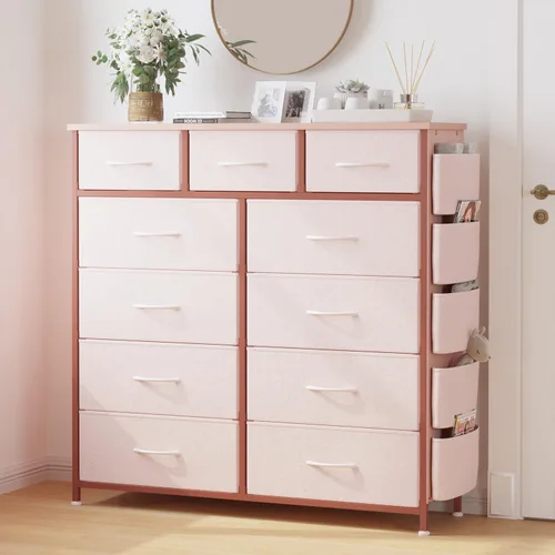 Vista 36 de Cómoda de almacenamiento de tela con 11 cajones para organización del dormitorio, cómoda con estantes profundos, bolsillos laterales y ganchos, Negro