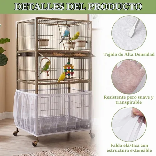Vista 3 de Funda para jaula de pájaros, jaula de pájaros, red de malla de nailon aireada duradera, cubierta de jaula de pájaros ajustable, protector de Blanco