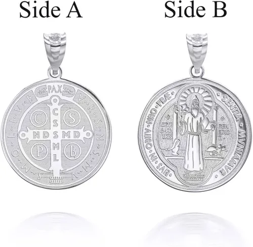 Vista 2 de Medalla De San Benito Saint St Benedict - Collar con colgante de moneda de oro blanco de 10 quilates con cadena Rolo y colgante solamente