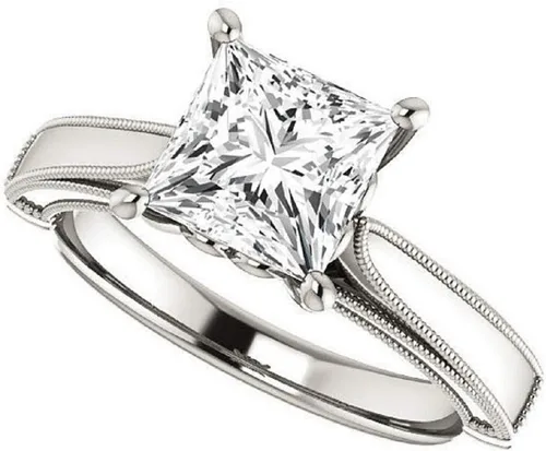 Vista 4 de Juego de novia con soltario de catedral con detalle de voluta, talla princesa 3.05 quilates, diamante moissanita incoloro, anillo de plata de ley