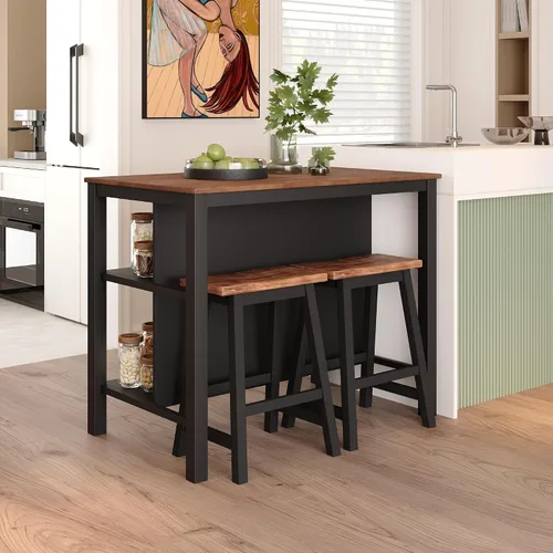 Vista 3 de Polibi Juego de isla de cocina de 3 piezas con 2 taburetes y 2 estantes, juego de mesa de comedor de madera de goma rústica con estantes abiertos