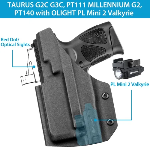 Vista 2 de Funda Kydex IWB para Taurus G3C / G2C/ PT111 G2/ PT140/G3C Toro con Olight PL Mini 2 Valkyrie montado en luz Corte óptico Mano derecha Se