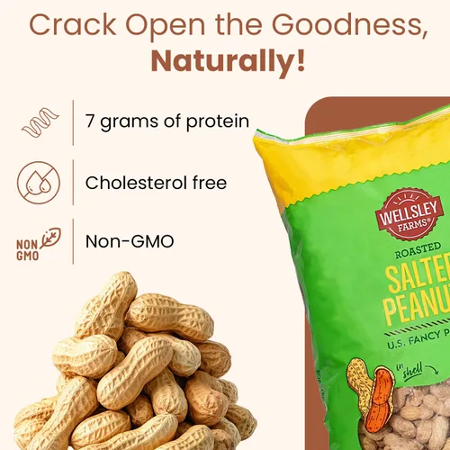 Vista 3 de Wellsley Farms Cacahuetes tostados salados con cáscara, cultivados en Estados Unidos, sin OMG, sin gluten, vegano, sin colesterol, aperitivo