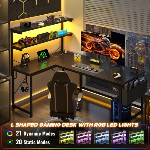 Vista 5 de DurayLoly Escritorio en forma de L para juegos con luz LED y toma de corriente, escritorio reversible en forma de L para computadora de 43.3