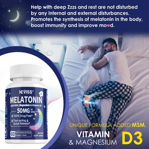 Vista 5 de NEVISS Melatonina 50 mg para Adultos - Fuerza Extra 9-en-1 de Disolución Rápida Sublingual - Dosis Alta con Glicinato de Magnesio, Vitamina D3