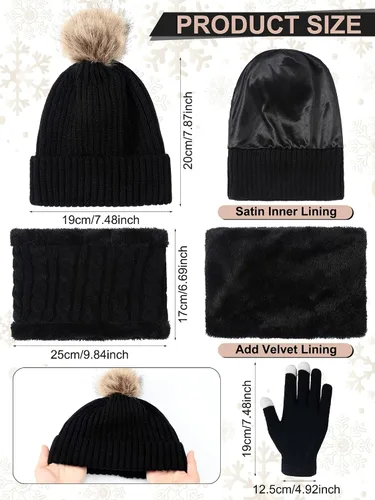 Vista 2 de Conjunto de 5 piezas de gorro y guantes de invierno para mujer, gorro de punto para excursión de esquí, gorro de pompón, calentador de orejas