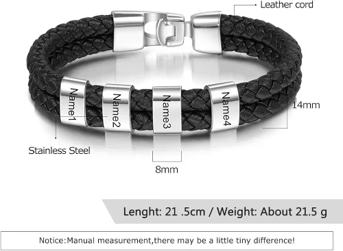 Vista 2 de Pulseras de cuero personalizadas para hombre, pulsera con nombre para papá, grabado gratuito, cuentas de nombre de familia, pulseras