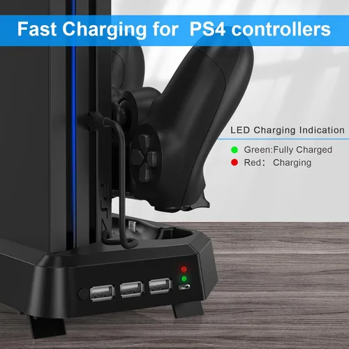 Vista 4 de Estación de carga de controlador para PS4PS4 SlimPS4 Pro, soporte vertical PS4 con estación de carga de doble controlador, ventilador