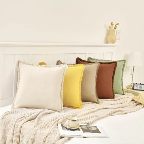 Vista 5 de ZWJD Juego de 2 fundas de almohada de 16 x 16 pulgadas, color beige, con flecos, de algodón, decorativas, cuadradas, para sofá, cama, sala de estar