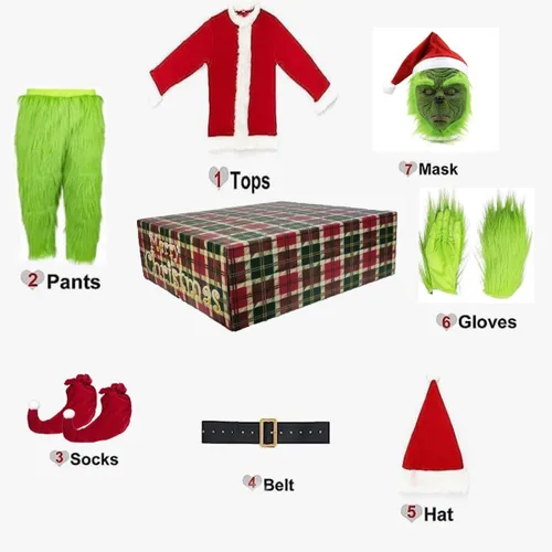Vista 3 de casapre Green Monster CostumeChristmas Deluxe 7PCS for Adult Santa Furry Costume Suit Furry Adult Santa Suit Green Outfit