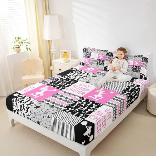 Vista 19 de Sábana bajera ajustable de ballet para niñas, juego de ropa de cama de ballet para danza de ballet, sábanas de cama con rayas geométricas onduladas