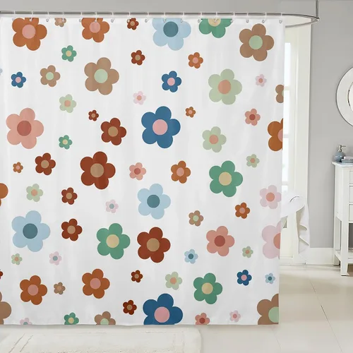 Vista 43 de Cortina de baño de flores de margarita para niños y niñas, cortina de ducha floral para decoración de baño, 72 x 72 pulgadas, retro, floral