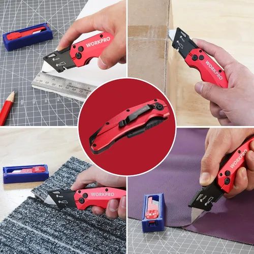 Vista 9 de WORKPRO Cuchillo Utilitario Plegable, Metal Resistente, Cortador de Caja de Bloqueo de Eje de Apertura Rápida, Cuchillo de Hoja de Cambio Rápido, 1