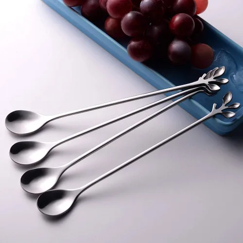 Vista 4 de AnSaw 10 cucharaditas de mango largo de 7.4 pulgadas, diseño de hoja plateada para cucharas de café y té, elegantes cucharas de acero inoxidable