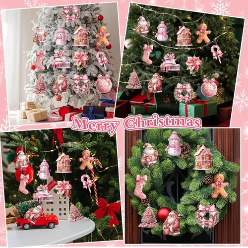 Vista 7 de 24 piezas de adornos vintage rosados de Navidad en madera para árbol colgante, adornos de árbol de Navidad en madera con muñeco de nieve rosado