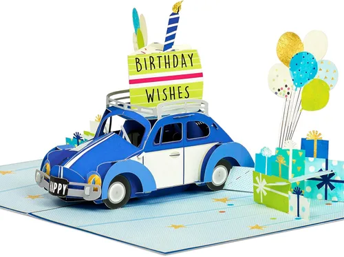 Vista 3 de POPWOW Tarjeta desplegable de cumpleaños, auto azul, escarabajo, Volkswagen, regalos, globos, tarjeta de felicitación 3D, regalo ideal para hijo