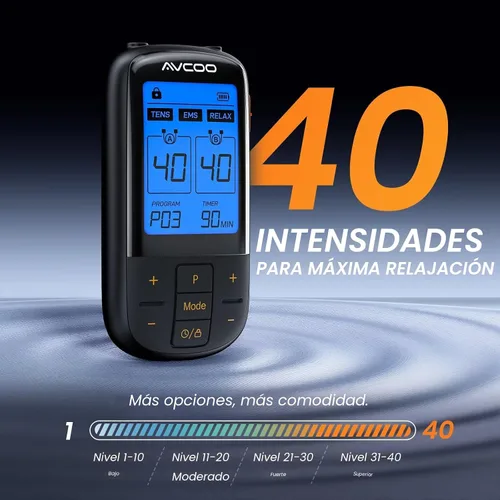 Vista 4 de AVCOO Unidad TENS 3 en 1 con 32 modos, estimulador muscular EMS de doble canal con 40 intensidades para terapia gradual de alivio del dolor