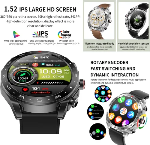 Vista 3 de Reloj inteligente T95 con auriculares para iPhone, Android, teléfonos inteligentes de 1.52 pulgadas, redondo, Bluetooth, llamadas, reloj Negro