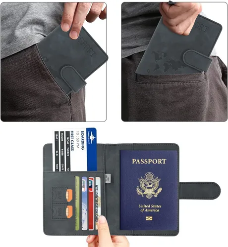 Vista 7 de Funda para pasaporte, cartera con bloqueo RFID, funda de cuero para tarjetas, accesorios de viaje para mujeres y hombres, *Negro