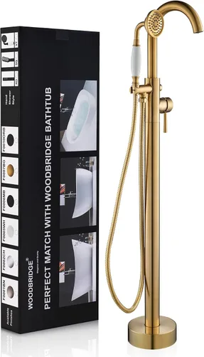 Vista 16 de WOODBRIDGE Grifo de llenado de bañera independiente contemporáneo de una sola manija con ducha de mano en acabado dorado cepillado, F0007-BGVT