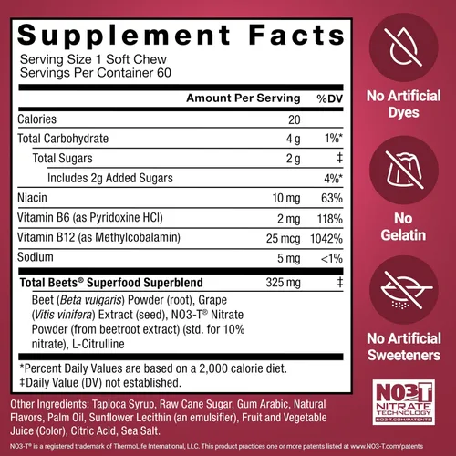 Vista 6 de Force Factor Total Beets - Masticables suaves con remolacha, nitratos, L-citrulina, extracto de semilla de uva y antioxidantes, suplemento