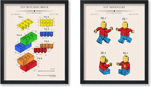Vista 20 de Monem Art - Póster de 2 piezas con diseño de ladrillos - Estampado de patentes de bloques de construcción - Arte de ladrillos de construcción