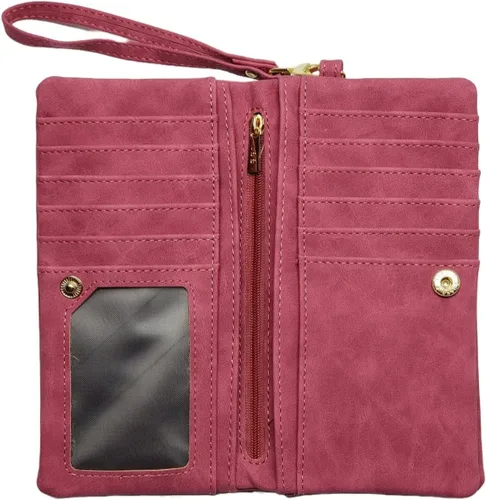 Vista 2 de Aslana Cartera larga de cuero suave con correa de mano para mujer, tarjetero y bolsa de teléfono (fucsia profundo)