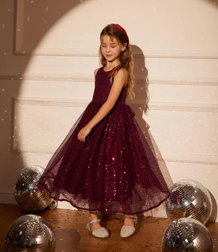 Vista 5 de GRACE KARIN Vestido de fiesta de lentejuelas para niñas, sin mangas, brillante, elegante, acampanado, maxi vestidos de 5 a 12 años