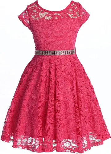 Vista 13 de Little Girl - Vestido de niña con manga de encaje y cinturón de piedras