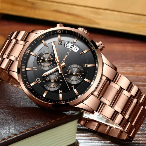 Vista 4 de CRRJU - Reloj de pulsera, de acero inoxidable para hombre, resistente al agua, cronógrafo, correa de acero inoxidable