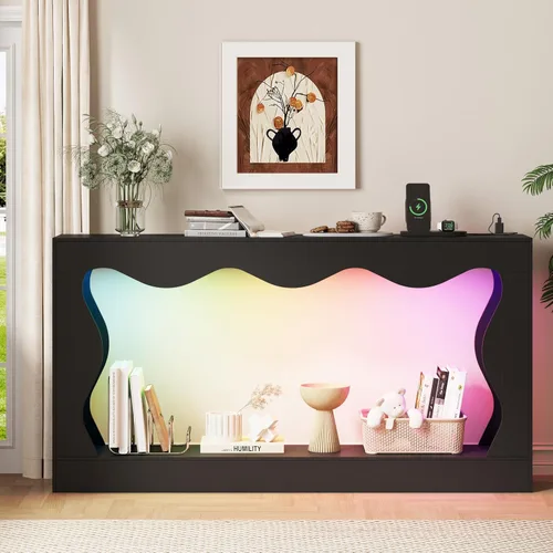 Vista 4 de HUANLEGO 63" Console Table for Entryway with LED Lights & Outlet, Black