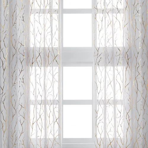 Vista 3 de Kotile Cortinas traslúcidas de rama de árbol – Cortinas traslúcidas grises con estampado de rama de árbol en lámina dorada metálica de 63 pulgadas