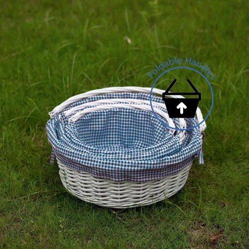Vista 7 de WICKERWISE Cesta de regalo tradicional de sauce redondo blanco con forro a cuadros y asas resistentes, cesta de almacenamiento de aperitivos