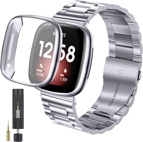 Vista 8 de ZPJPPLX para Fitbit Versa 4/Sense 2, Correa de Muñeca de Acero Inoxidable Sólido con Funda de Reloj, para Versa 3/Sense Correas de Repuesto de Metal