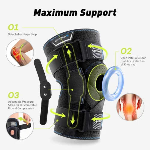Vista 4 de LETSHAKE Rodillera con bisagras para hombres y mujeres, soporte de rodilla ajustable con estabilizadores laterales para aliviar el dolor de rodilla