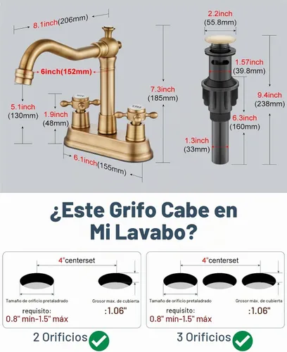 Vista 6 de Aolemi Grifo de lavabo de baño de 4 pulgadas, estilo vintage, 2 asas cruzadas, grifo mezclador para caravana, lavabo, lavabo, 3 agujeros, incluye