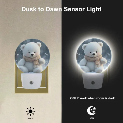 Vista 2 de EKOBLA Bonita luz nocturna de oso, bonito patrón de oso blanco enchufable a la pared con sensor de atardecer a amanecer, luz nocturna LED de 0.5 W
