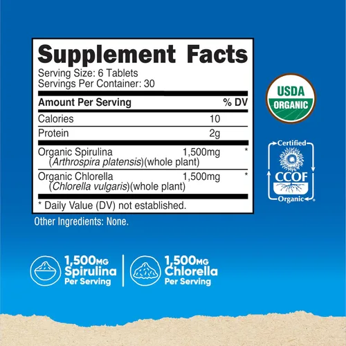 Vista 2 de Nutricost Espirulina orgánica + clorella (3,000 mg) 180 tabletas - USDA Organic, 1,500 mg de espirulina, 1,500 mg de clorella, vegano, sin OMG, sin