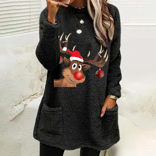 Vista 4 de Suéter feo de Navidad Sherpa para mujer, de forro polar, con estampado de renos, túnica para invierno, cálido, novedoso, sudaderas de Navidad