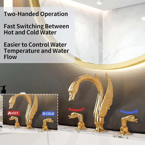Vista 3 de Oro dorado adornado estilo cisne baño fregadero grifo combinado cubierta montaje fregadero mezclador grifo conjunto agua fría caliente
