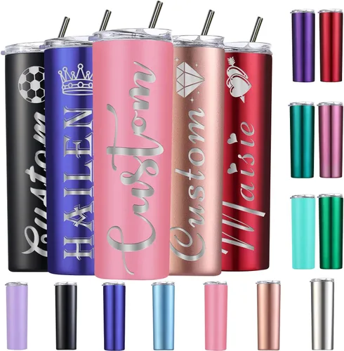 Vista 14 de Vasos delgados personalizados con tapas y popotes, vaso grabado con láser personalizado con nombre para mujer, regalo de 20 onzas, taza de acero