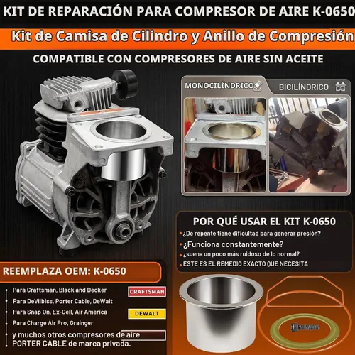 Vista 2 de K-0650 Air Compressor Cylinder Sleeve & Compression Ring Kit For Craftsman
